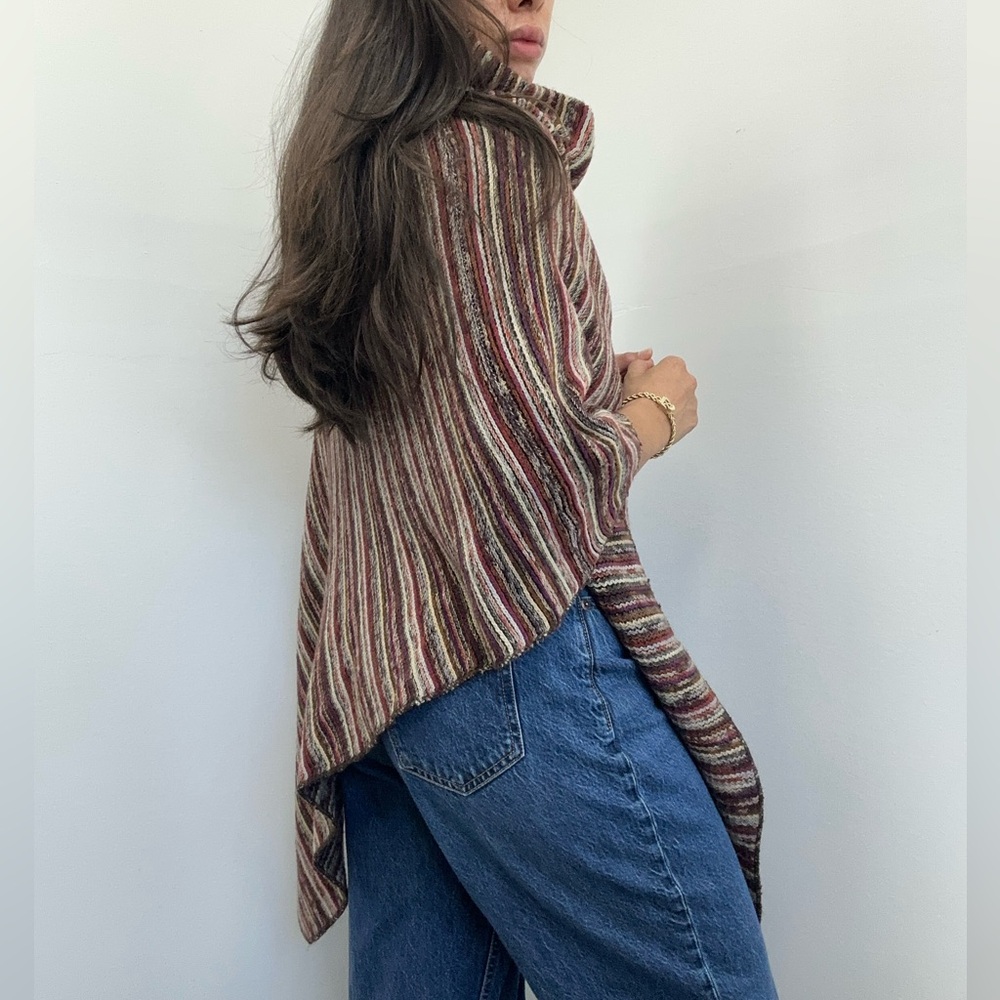 Striped Multi-color Funnel neck Knit Poncho One Size - Picture 3 of 7